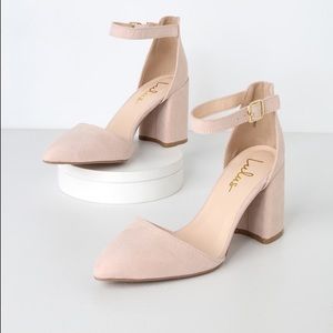 Nude suede ankle strap with chunky heels